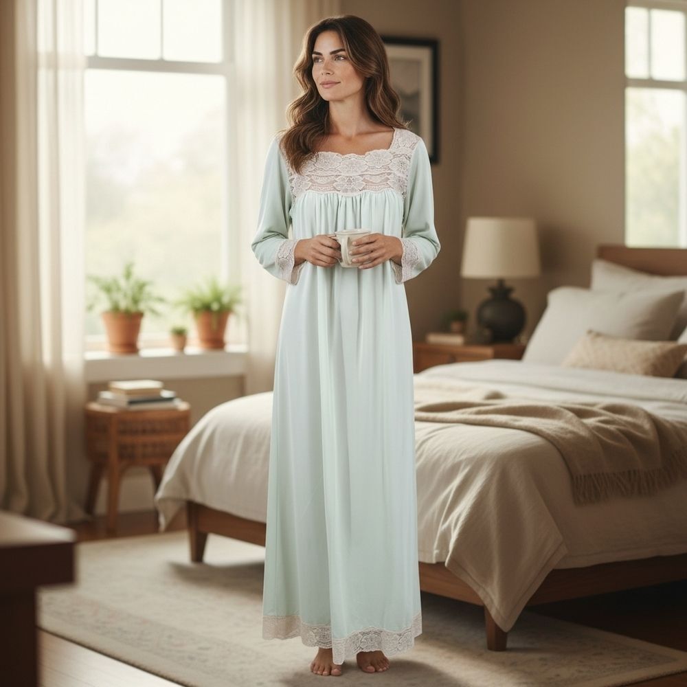 Vintage Nylon Nightgown Cream Lace Trim on Mint Green Maxi Length